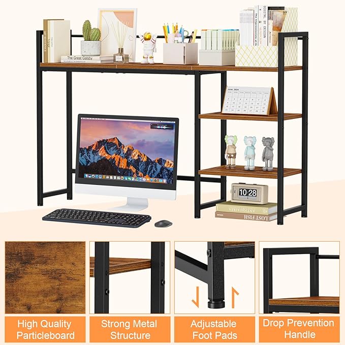 Snughome Desk Shelf 44.9 Large Desktop Organizer Shelf Desk Hutch for Computer Monitor 4 Tier Desk Top Display Rack Wood Desktop Bookshelf Storage Rack for Home Office Dorm