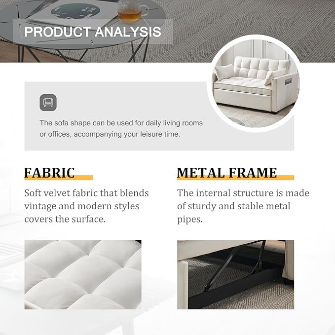 Futon Sofa BedModern 3 in 1 Convertible Sleeper Sofa Pull Out Couch Bed with Adjustable Backrest Storage Pockets and Toss Pillows for Living Room Bedroom (Beige)