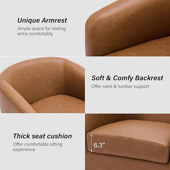 Swivel Barrel Chair Modern Round PU Leather Accent Armchair for Living Room Bedroom Oversized Comfy Club Reading Chairs for Adults (Leather Brown Set of 1)