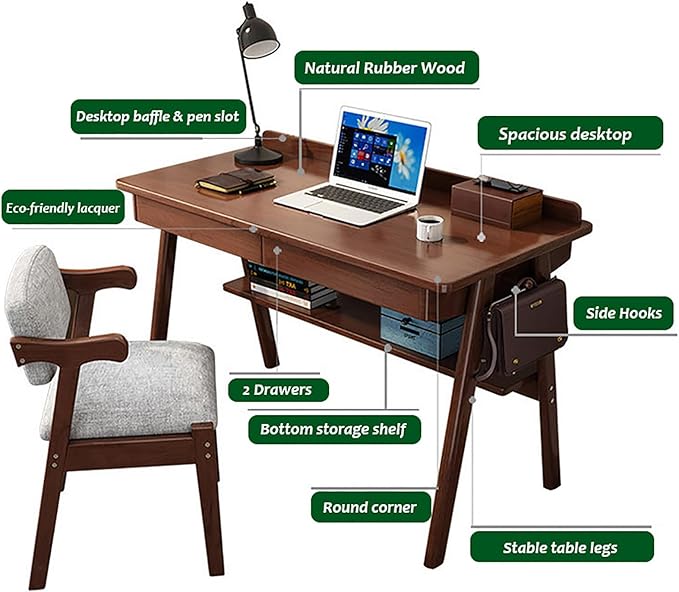 Solid Wood Writing Deskmid-Century Modern DeskHome Office Computer Desk with 2 Drawers and Storage ShelfStudy Table Workstation Scandinavian Furniture(80cm/31.5 Wood)