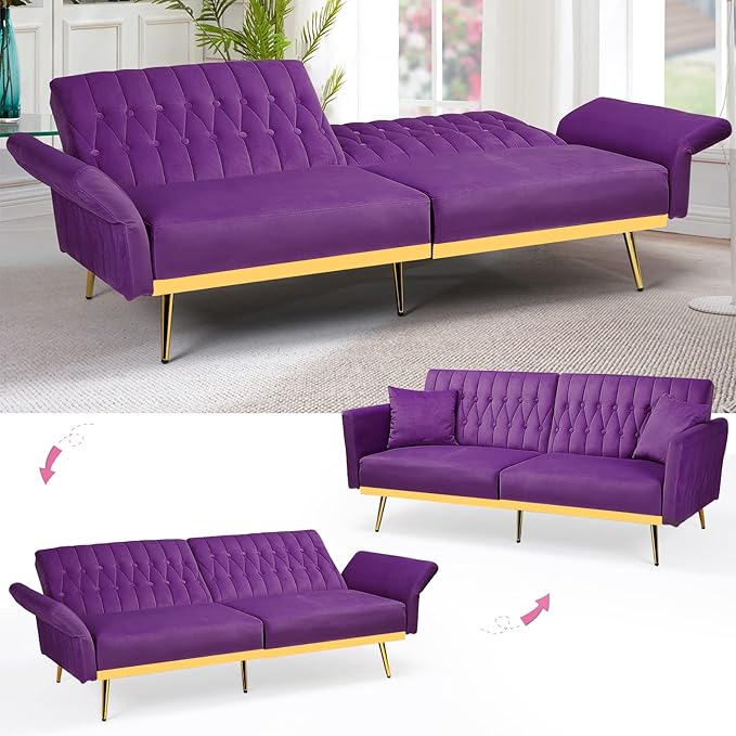 2 Pieces Velvet Sofa Set with Adjustable Armrest and Backrest 70” Convertible Futon Sofa Bed &amp Mordern Accent Chair with Ottoman for Living Room Bedroom Purpel
