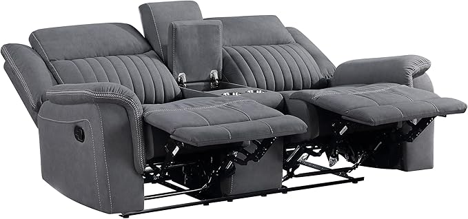 Lexicon Manual Double Reclining Loveseat Polished Microfiber Manual Wall Hugger Loveseat Recliner for Living Room Center Storage Console/Cup Holders Easy Assembly Gray