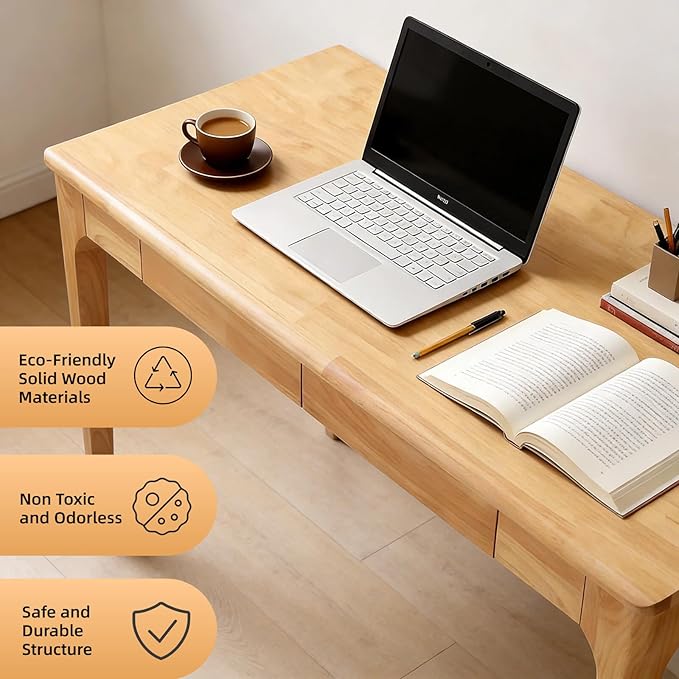 47 Solid Wood Writing Desk Small Computer Desk with Drawers Walnut Study Table with File Drawer Simple Office Desks with Storage for Home Office Bedroom Study Room (Natural)
