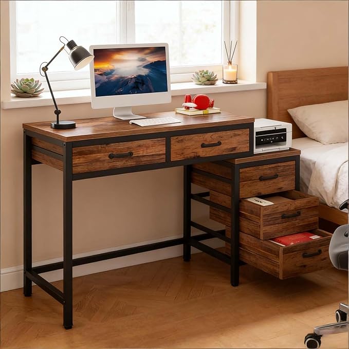 Computer Desk with Adjustable Position Drawers Rustic Brown Gaming Desk with Storage Compact Home Office Desks Vanity Desks Without Mirror for Bedroom/Study Writing