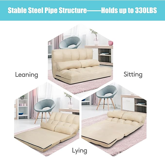 DORTALA Foldable Floor Sofa 6-Position Adjustable Lounge Couch with 2 Pillows &amp Suede Cloth Cover Modern Lounge Mattress Video Gaming Lazy Couch Suede Floor Seating Sofa 71 x 44.5 Beige