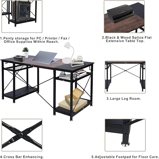 Computer Home Office Desk 48 inch Desk with 4 Storage Shelves &amp Hooks Study Simple Computer Desk with Splice Board Student Study Desk Laptop Table for Home Office Bedroom Gaming Room