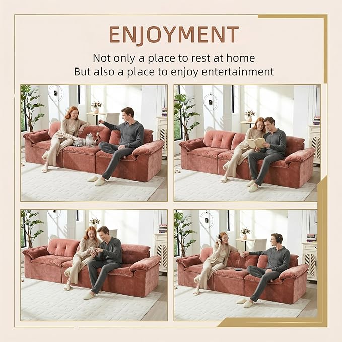118” Cloud Sectional Couch Deep Seat Boneless Sofa for Living Room with 3 Seater Chaise Comfy Chenille Modular Sectional Sofa Made of Memory Foam No Assembly Required (Orange)