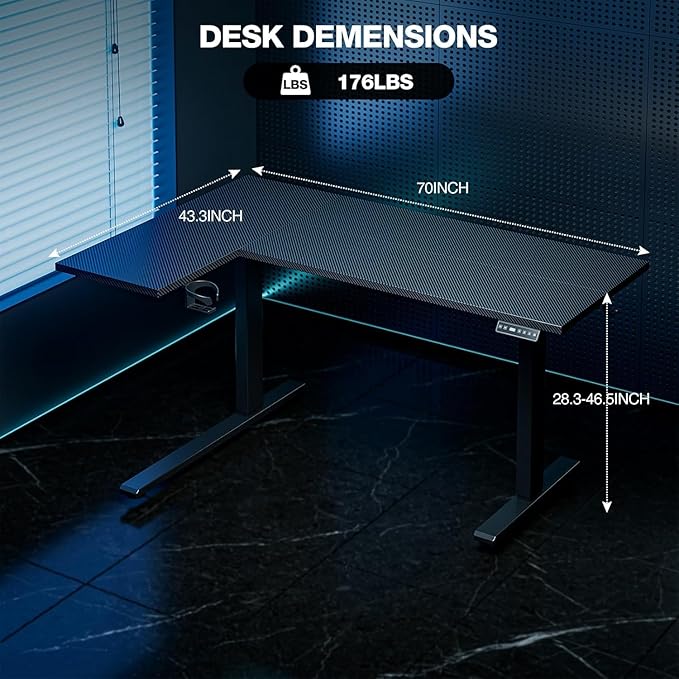 Muvai L Shaped Standing Desk with Cable Management Tray 71 Inch Height Adjustable Electric Standing Corner Desk Sit Stand Up Work Table for Home Office Reversible Splice Board Black Carbon