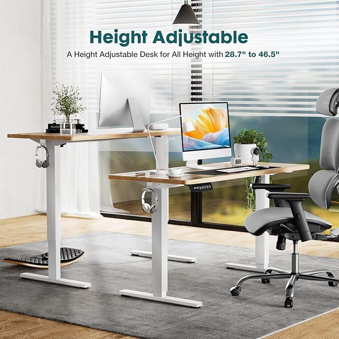 Electric Standing Desk Adjustable Height 63 x 24 Inch Sit and Stand Desk with 2 Hooks and Wire HolesHome Office Desk Ergonomic Workstation Computer DeskYellow