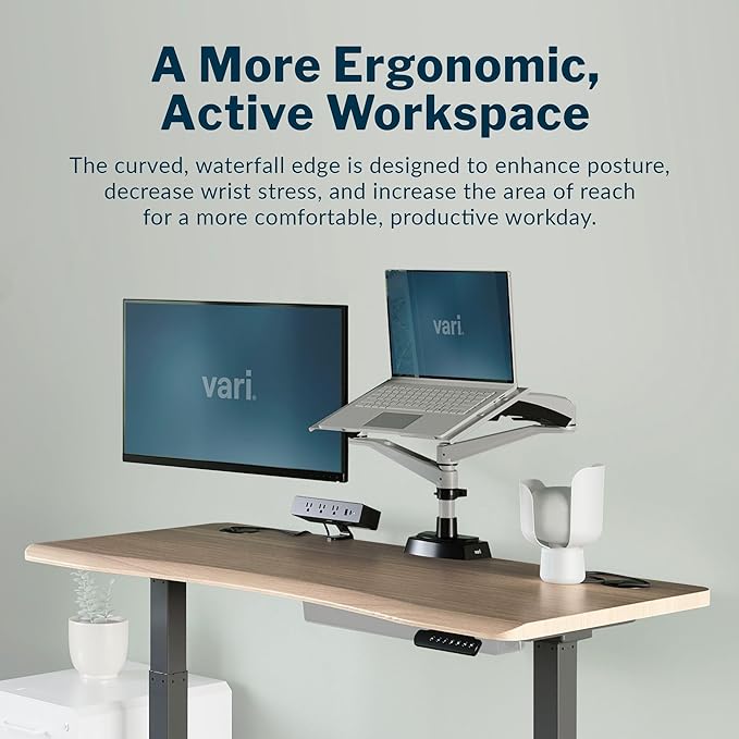 Vari Ergo 54x26 Electric Standing Desk – Height Adjustable Sit Stand VariDesk + Curved Waterfall Edge 4 Memory Settings Quick Assembly Cable Management 200 lb Capacity – Light Wood (2 Boxes)