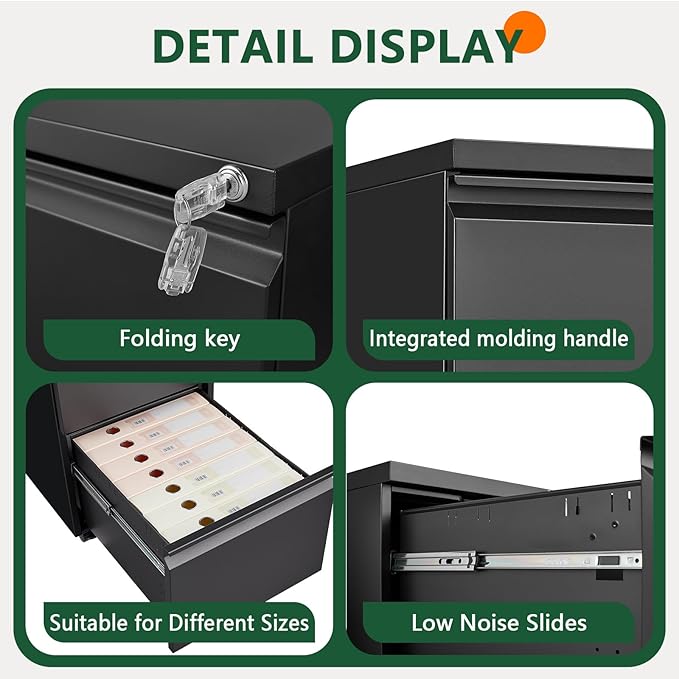 File Cabinet 2 Drawers on Wheels Under Desk Black Metal Rolling File Cabinets with Lock for Home Office Un-Assembled Filing Cabinet with Lock (2 Drawer Black)