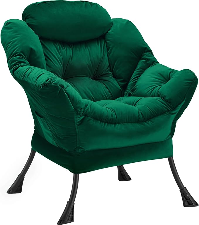 Lazy Chair Thick Padded Comfy Velvet Accent Lounge Chair with Stable Frame Leisure Sofa Armchair with Armrests and Side Pocket Reading Chair for Bedroom Living Room Office Green