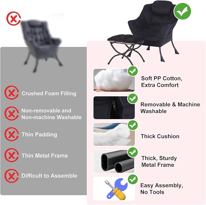Lazy Chair with Ottoman Modern Accent Chair with Armrests and a Side Pocket Velvet Black Accent Chairs Reading Chairs Oversized Armchairs for Bedroom Study Living Room Courtyard