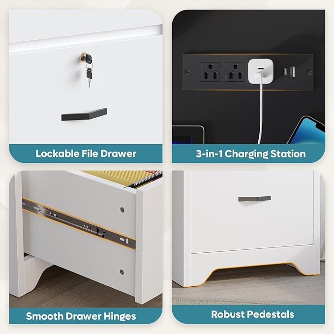 Bestier 59” Office Desk with Lockable Drawers Modern Computer Desk with File Drawer Charging Station &amp Drop-Front Keyboard Drawer Executive Desk with Storage Cabinet for Home Office &amp Studi