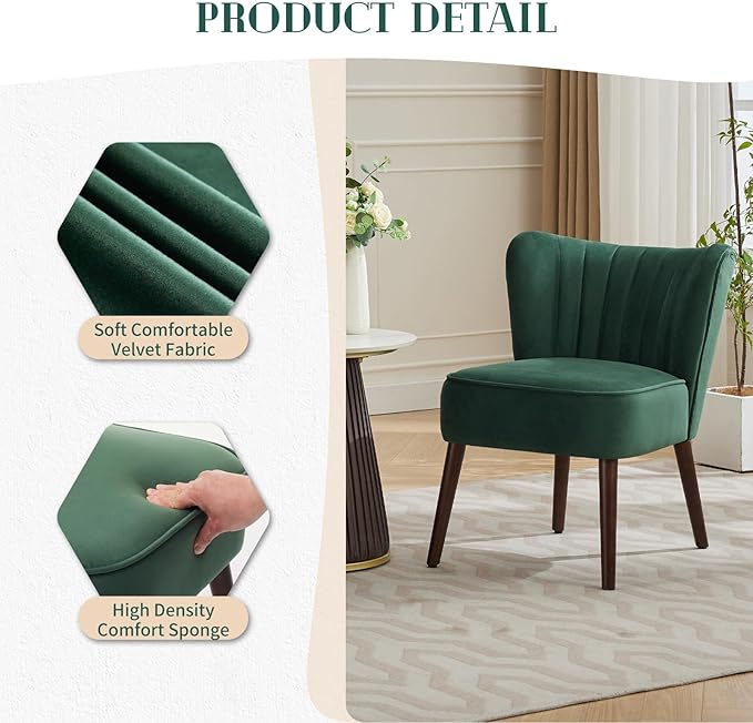 Modern Velvet Accent Chair for Living Room – Mid-Century Wingback Lounge Chair with Solid Wood Legs 300lb Capacity – Plush Upholstered Armchair for Bedroom Office Reading NookGreen