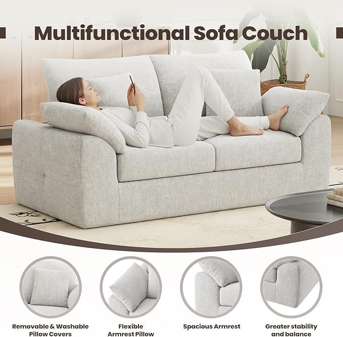 76 Boneless Loveseat Sofa Cloud Foam Couch 3 Seater Upholstered Midcentury Mondern Love Seat Wide Armrest and 4 Pillows for Home Living Room/Small Spaces No Assembly Required Beige