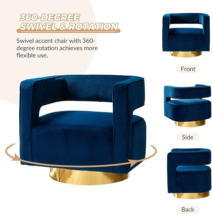 TINA'S HOME Swivel Accent Barrel Chair Modern Velvet Armchair with 3D Curved Open Back &amp Swivel Gold Metal Base Upholstered Club Chair for Living Room Bedroom Nursery Navy(No Assembly Required)