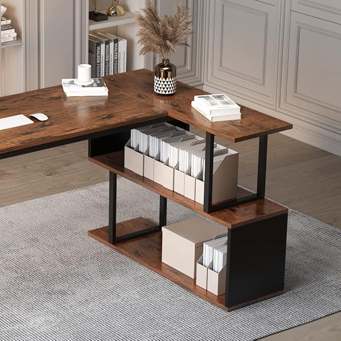 48.8in Compact L-Shaped Computer Desk with 2-Tier Storage Shelf Sturdy Construction Ideal for Home Offices and Gaming Rooms Brown