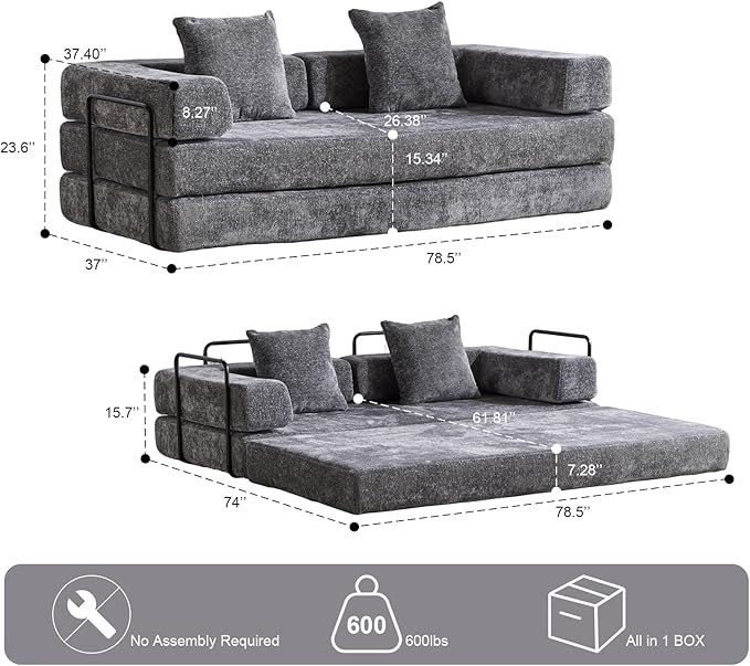 Folding Sofa Bed Modular Sectional Cloud Couch Convertible Sleeper Sofa Bed with Pillow Back Support Armrest for Living Room Bedroom Lounge No Assembly Required Chenille (Dark Grey)