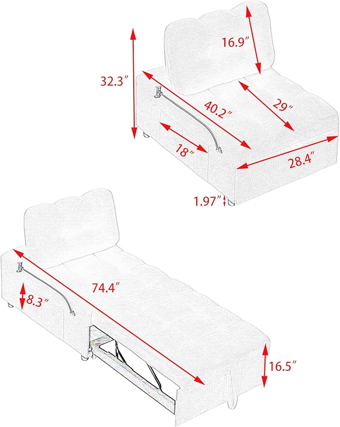 Modern Teddy Fabric Sofa Bed Futon3 in 1 Convertible Pullout Bed Couches with 3 Reclining BackrestsPhone StandSmall Sofa Single Sleeper Chair Bed for Living Room Bedroom (Beige)