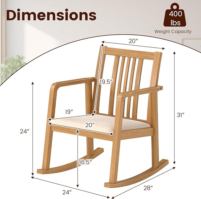 Giantex Rocking Chair with Cushioned Seat Indoor Solid Rubber Wood Rocker Chair w/Slatted Back &amp Curved Armrests Wooden Accent Armchair for Living Room Bedroom Study Porch (2Natural + Beige)