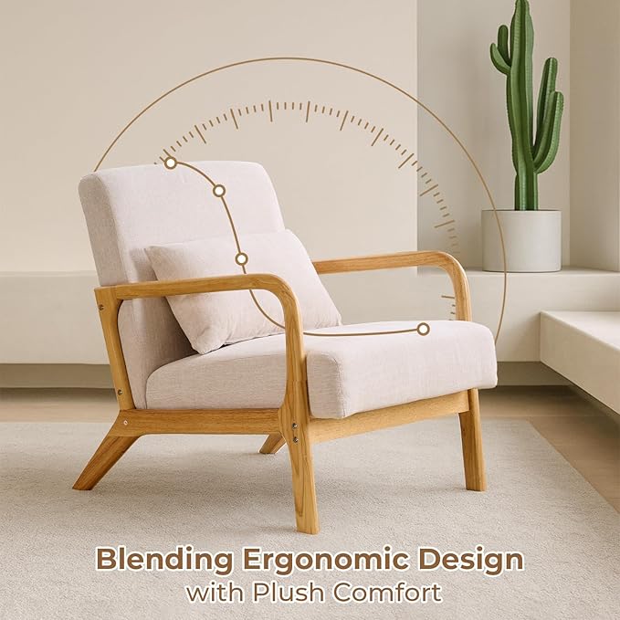 Joysoul Modern Accent Chair - Mid Century Modern Armchair with Waist Cushion &amp Solid Wood Frame Upholstered Lounge Chair for Living Room Bedroom Office(Cream)