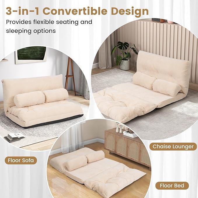 KOMFOTT Foldable Floor Lazy Sofa with 2 Pillows 6-Position Adjustable Reclining Sofa Sleeper Bed Convertible Futon Couch Bed Floor Couch Lounge for Relaxing Reading Playing Gaming (Beige)