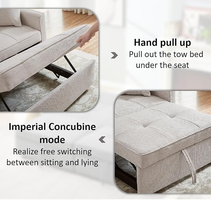 King Size Pull Out Sofa Bed 4-in-1 Convertible Sofa Bed Couch Chenille 3 Seaters Sofa Sleeper with Dual Pull Out Bed &amp Adjustable Backrest for Living Room Beige