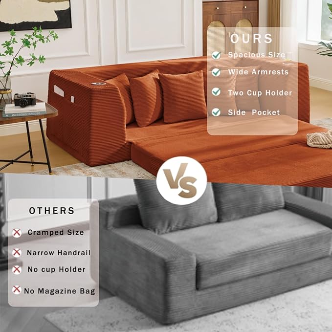 82.25 Convertible Loveseat Sleeper Sofa Bed with Side Pocket 2 in 1 Corduroy Pull Out Bed with 5 Pillows Boneless Couch with 2 Cup Holders and Wide Armrest No Assembly Orange