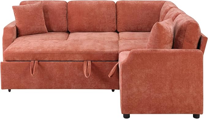 81.9 Sectional Sofa Bed L-Shaped Sectional with a Hidden Storage Compartment Versatile Pull-Out Sofa Bed with Cozy Throw Pillows for Living Room Apartments Offices (Orange-04e)