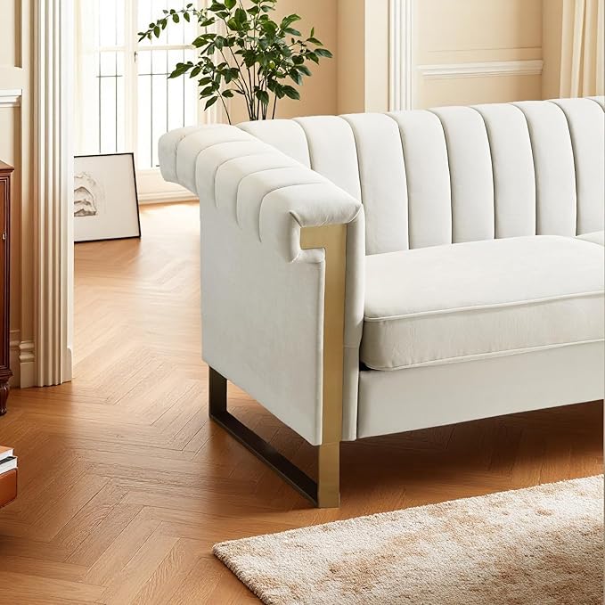 KEIKI 84 Velvet Sleek Channel-Tufted Sofa with Armrest and Back Cushions Gold Accents 3-Seater Upholstery Couch with Solid Legs Easy Assembly for Living Room Bedroom Apartment White
