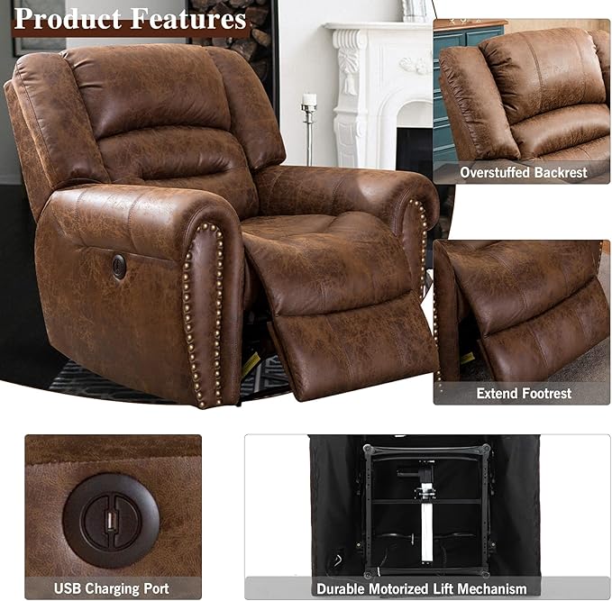 ANJ Electric Power Recliner Set of 2 Breathable Bonded Leather Reclining Chair Classic Home Theater Recliners Seating W/USB Port Electric Recliner Chairs for Living Room (Nut Brown)