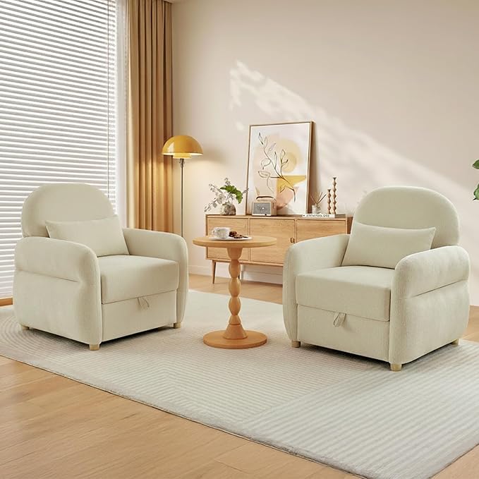 Accent Chairs Set of 2 Living Room Chairs in Chenille Fabric Modern Reading Chair with Storage Function for Living Room Apartment and Compact Spaces (Beige)