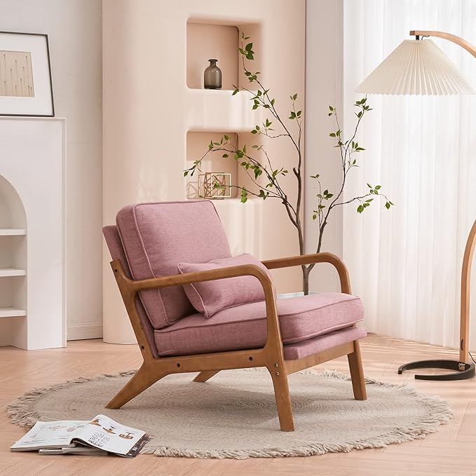Bonnlo Pink Accent Chairs Set of 2 Upholstered Mid Century Modern Lounge Chairs Reading Chairs Side Sitting Chair Solid Wood Farmhouse Armchairs for Living Room Bedroom Guest Room