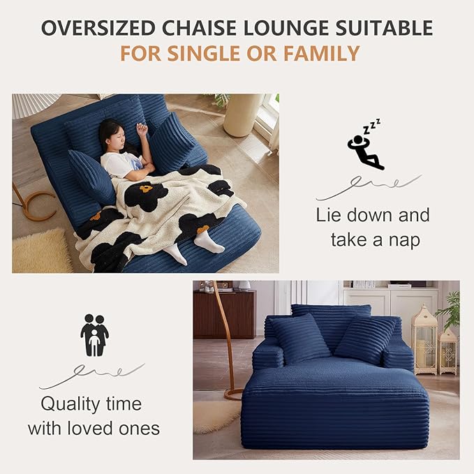 49.2 Oversized Chaise Lounge Chair IndoorCorduroy Boneless Reading Chair with 3 PillowsDeep Seat Cloud Sofa BedComfy Modern Sleeper Chairs in Box for Living Room BedroomNo Assembly(Blue)