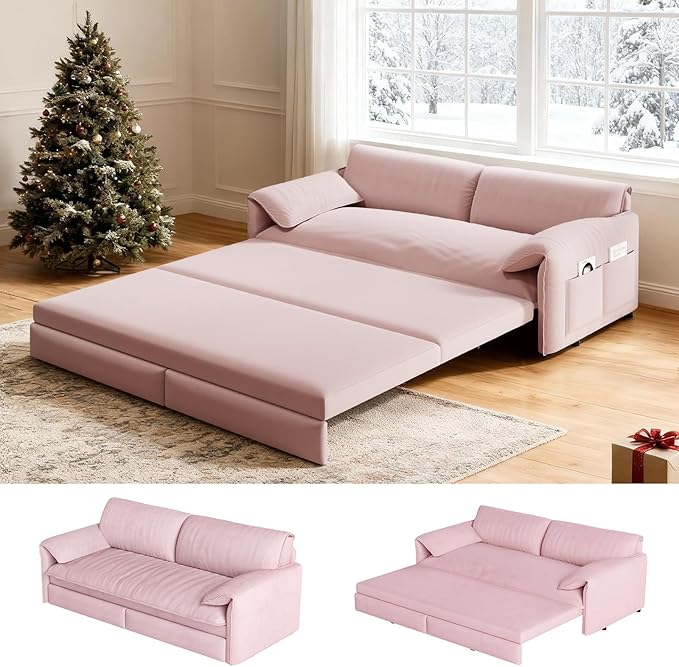 healthomse 66 Queen Size Sleeper Sofa Bed 3-in-1 Convertible Pull Out Sofa Bed with Side Storage Modern Velvet Loveseat for Living Room Bedroom Apartment Office Lounge (Dark Pink 66inch)