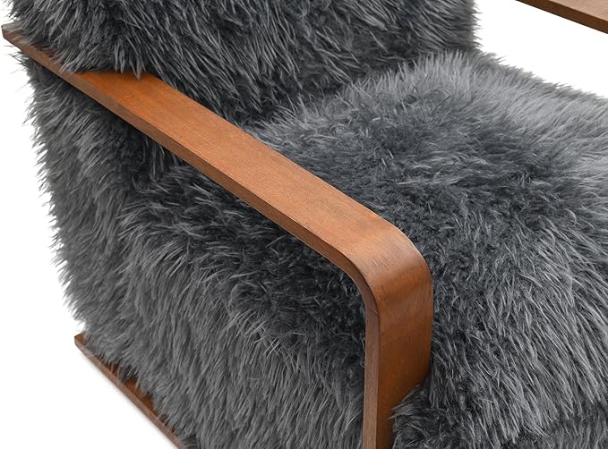 Comfortable Faux Fur Reading ChairModern Luxury Accent Chair Side Chairs with Curved Wooden Armrests for ApartmentLiving RoomOfficeStudyCharcoal Grey