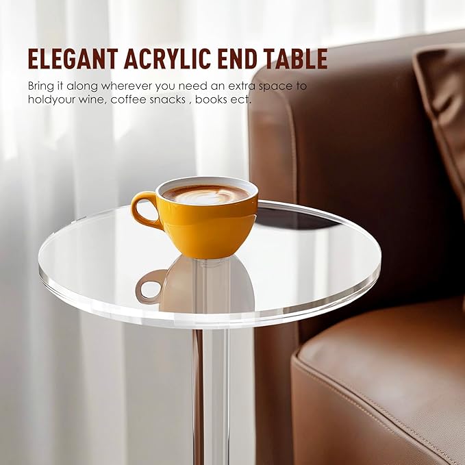 9.8 Round Clear Acrylic End Table - Modern Small Space Side Table for Living Room Bedroom Office Outdoor | Sturdy Easy to Install Multi-Purpose