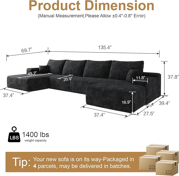 136 Sectional Couches for Living Room Cloud Couch Sofa with L-Shape Upholstered Boneless Couchs Modern Modular Sectional Couch with Chaise (Black 136 Left Facing Chaise+3Seaters+Ottoman)