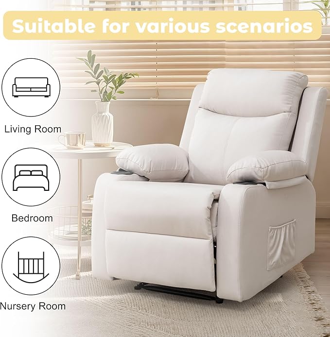 Manual Recliner Chair for Adults Small Recliners for Small Spaces Nursery Recliner with Adjustable Backrest Cup Holders and Side Pockets Reclining Chair for Living Room Beige