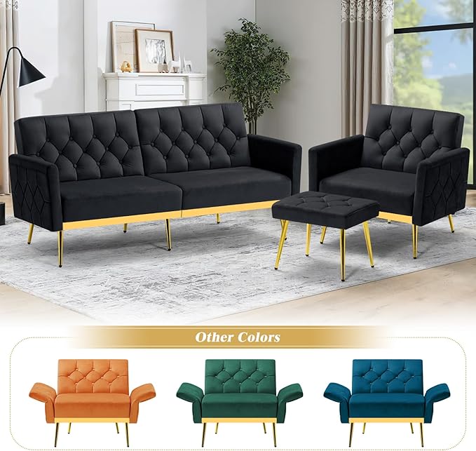 Velvet Accent Chair w/Adjustable Armrests and Backrests Tufted Single Sofa with Ottoman Upholstered Reading Chiar for Living Room Apartment Bedroom Black