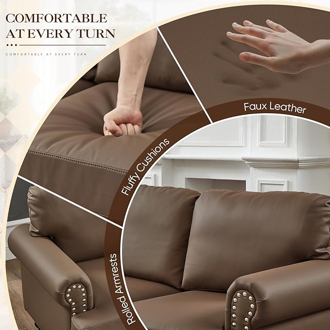 83-inch 3 Seater Couch with Storage Mid Century Chesterfield Faux Leather Vintage Retro Classic Sofa Couch with Nailhead Trim &amp Rolled Armrests for Living Room Bedroom Office Brown