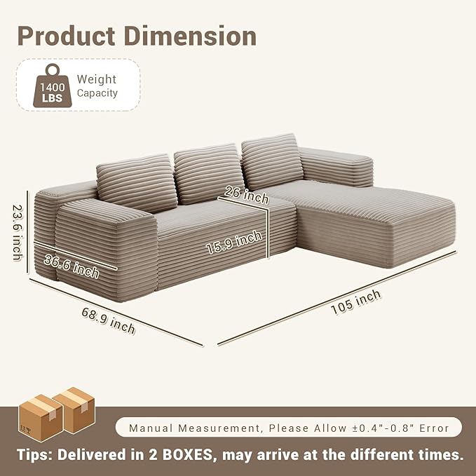 105 Cloud Sectional Couch with L-Shape Chaise Modular Deep Seat Sofa No Assembly Required Upholstered Couches for Living Room Bedroom (Gray Plush Corduroy Right Facing Chaise)