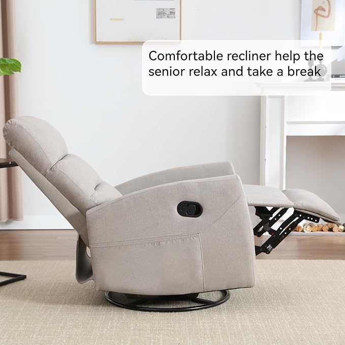 KEIKI Swivel Rocker Recliner Chair with Adjustable Backrest &amp Pockets Ergonomic Lounge Sofa Chair for Living Room Bedroom Khaki