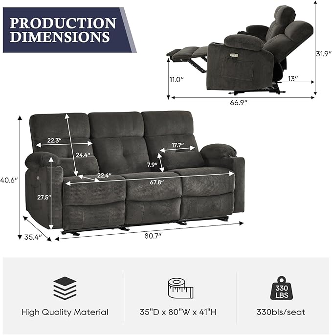 80'' Power Reclining Sofa with Heat and Massage Electric Reclining Couch with Extended Footrest Wall Hugger 3-Seater Recliner Sofa with USB Ports Cup Holders for Living Room