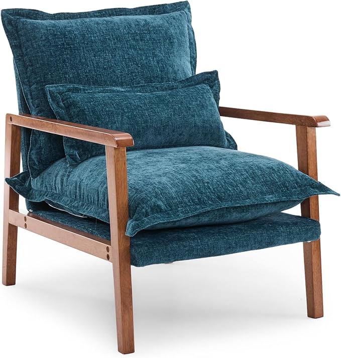 VINGLI Mid-Century Modern Cloud Accent Armchair with Lumbar Pillow 6.3'' Thick Seat Cushion Comfortable Reading Chair with Wooden ArmrestsBoho Lounge Chair for Bedroom Living Room Chenille Teal