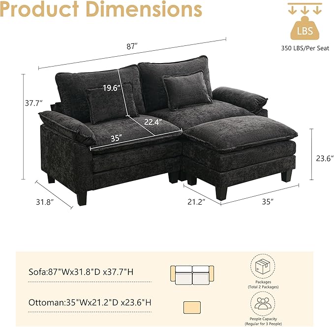 URRED Cloud Couch Modular Sectional Sofa 87 Modern L Shaped Deep Seat Sofa with Ottoman &amp Pillows Ultra Comfy Chenille Couches for Living Room Bedroom or Apartment Black