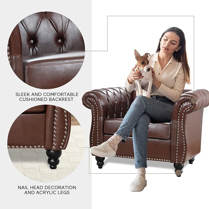 Brown Chesterfield Accent Chair Faux Leather Upholstered Tufted Wingback Club Chair Mid-Century Modern Living Room Chair with Sturdy Wood Frame Comfy Oversized Armchair for Bedroom Office