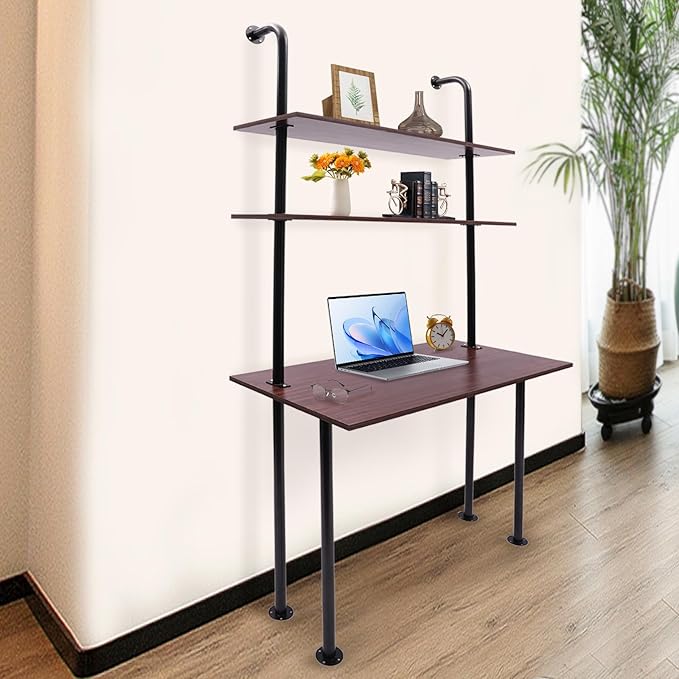 2-Shelf Industrial Wall Mount LadderWall Mount Computer Desk Writing DeskIndustrial Bookcase Desk with ShelvesFloating Desk with Storage Wall Table for Home Office Brown (20Dx30Wx72.7H)