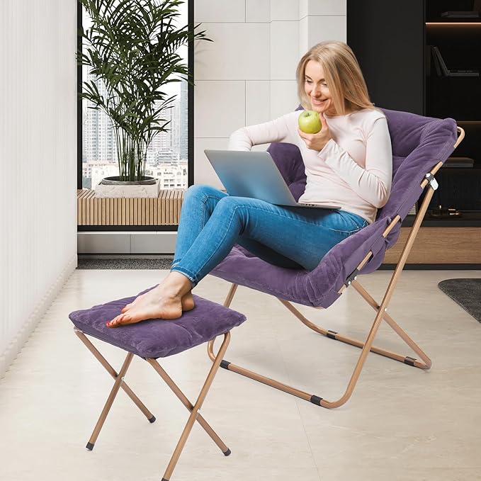 Athena Collection Comfy Saucer Chair and Ottoman Set for Adult Comfortable Faux Fur Square Oversize Folding Reading Chair with Metal Leg Lazy and Cozy for Bedroom Living Room Purple